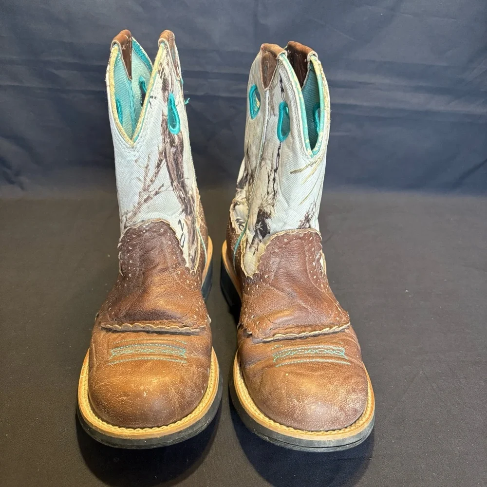 Ariat Fatbaby Youth 6.5B Western Pull-On Boots Brown Camo Teal Accents 10009503